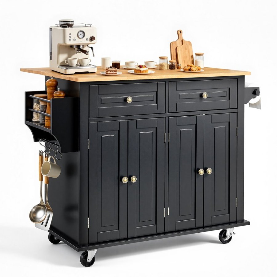 VEVOR Kitchen Island Cart, 43" Wood Top Mobile Carts with Storage Cabinet, Rolling Table with Drop Leaf, Spice Rack, Towel Bar, Adjustable Shelf, Drawer, and Hooks, Portable Islands on Wheels, Black