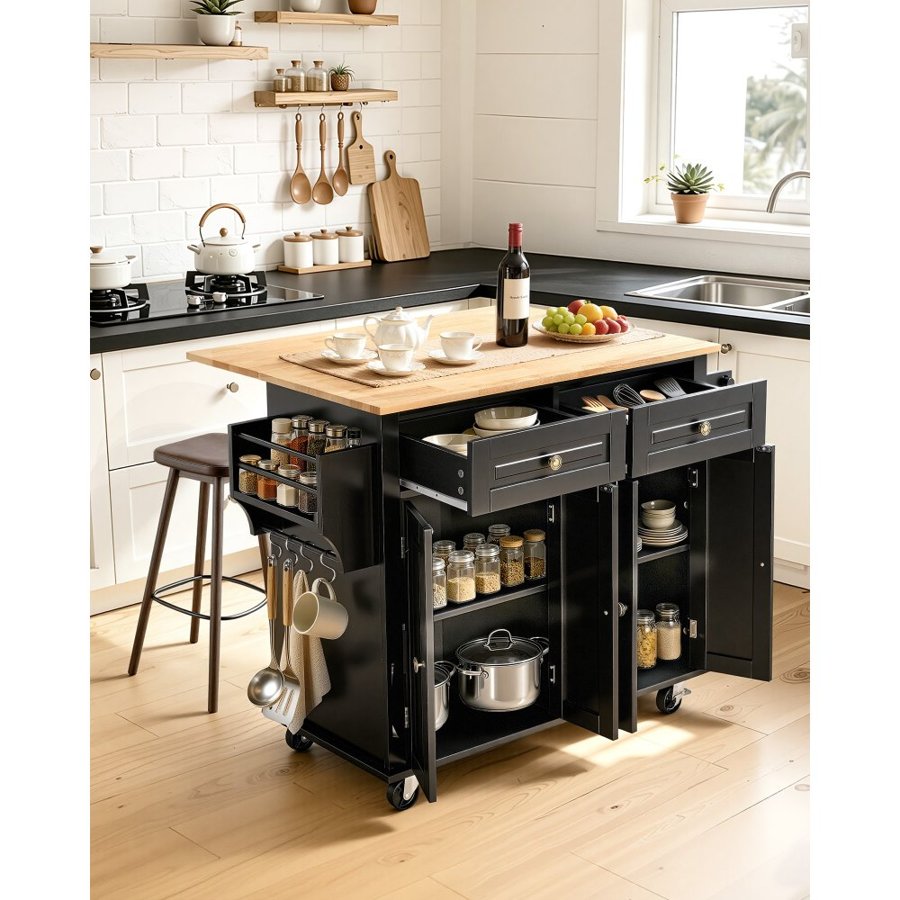 VEVOR Kitchen Island Cart, 43" Wood Top Mobile Carts with Storage Cabinet, Rolling Table with Drop Leaf, Spice Rack, Towel Bar, Adjustable Shelf, Drawer, and Hooks, Portable Islands on Wheels, Black