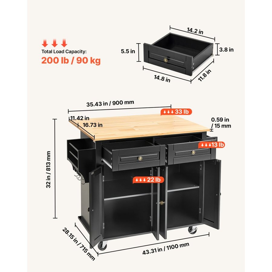 VEVOR Kitchen Island Cart, 43" Wood Top Mobile Carts with Storage Cabinet, Rolling Table with Drop Leaf, Spice Rack, Towel Bar, Adjustable Shelf, Drawer, and Hooks, Portable Islands on Wheels, Black