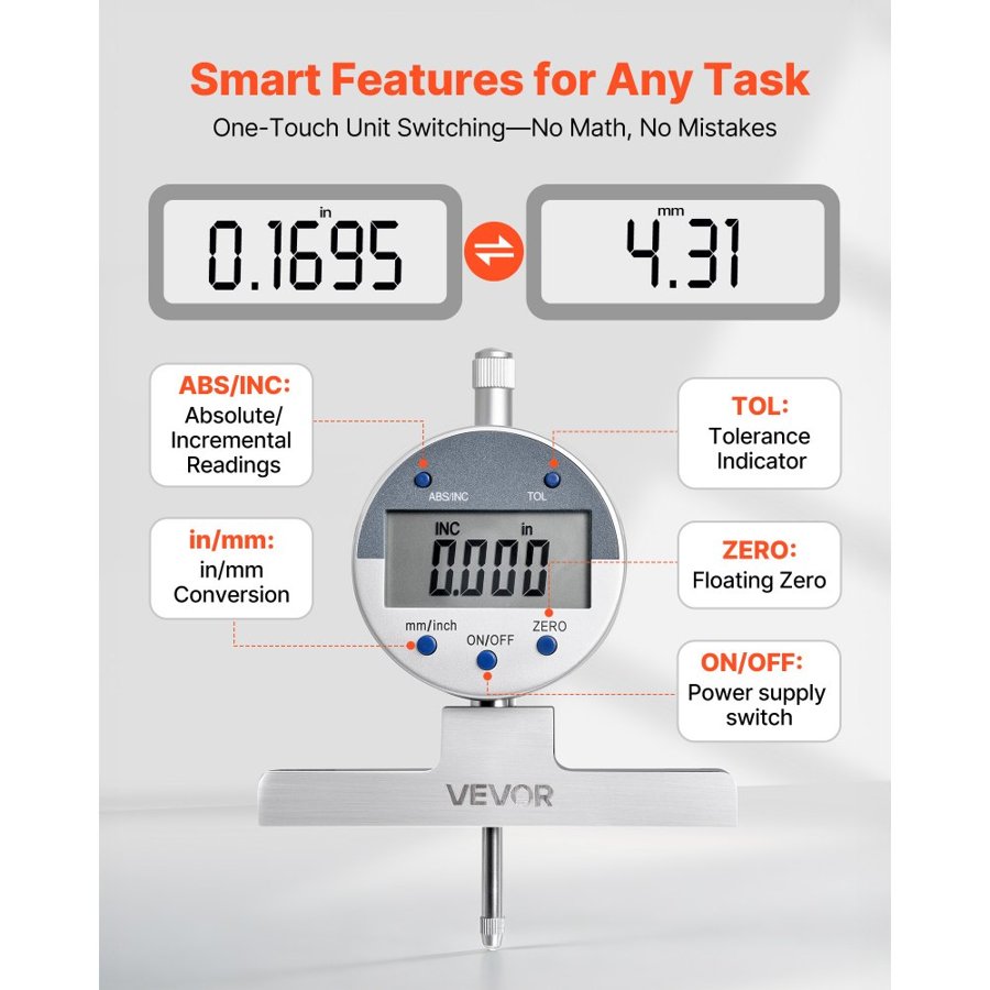 VEVOR Digital Depth Micrometer – 0–22 in, 0.0005" Resolution