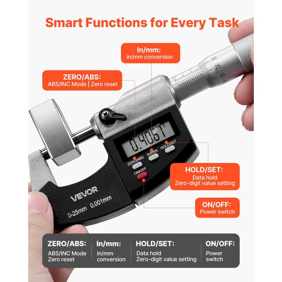 VEVOR Digital Outside Micrometer – 0-1 in, 0.0001" & LCD