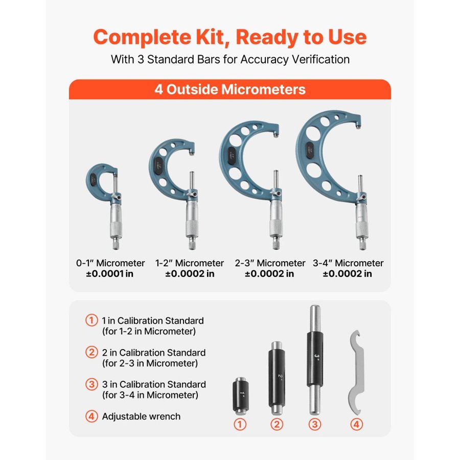 VEVOR Outside Micrometer Set – 4 PCS, 0-4 in, 0.0001" Acc.