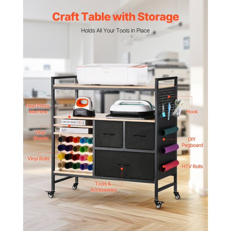 VEVOR Rolling Craft Cart and Storage Table, Compatible with Cricut Machines, Crafting Table Organization Workstation, Craft Rolling Storage Organizer with 20 Vinyl Roll Holders and 3 Drawers, Black