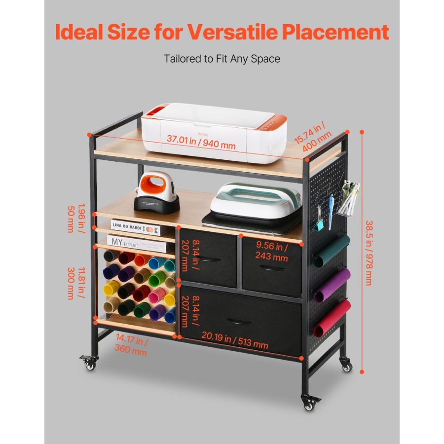 VEVOR Rolling Craft Cart and Storage Table, Compatible with Cricut Machines, Crafting Table Organization Workstation, Craft Rolling Storage Organizer with 20 Vinyl Roll Holders and 3 Drawers, Black