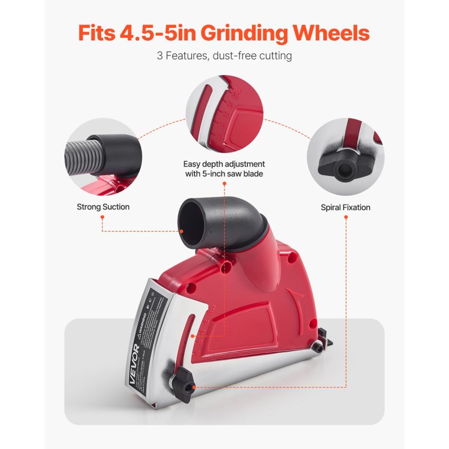 VEVOR Cutting Dust Shroud for Angle Grinders, Universal 4-5 in Angle Grinder Dust Shroud with 6 Clamping Washers, Adjustable Cutting Depth, Connect to Vacuum Cleaner, for Wood Concrete Wall Stone