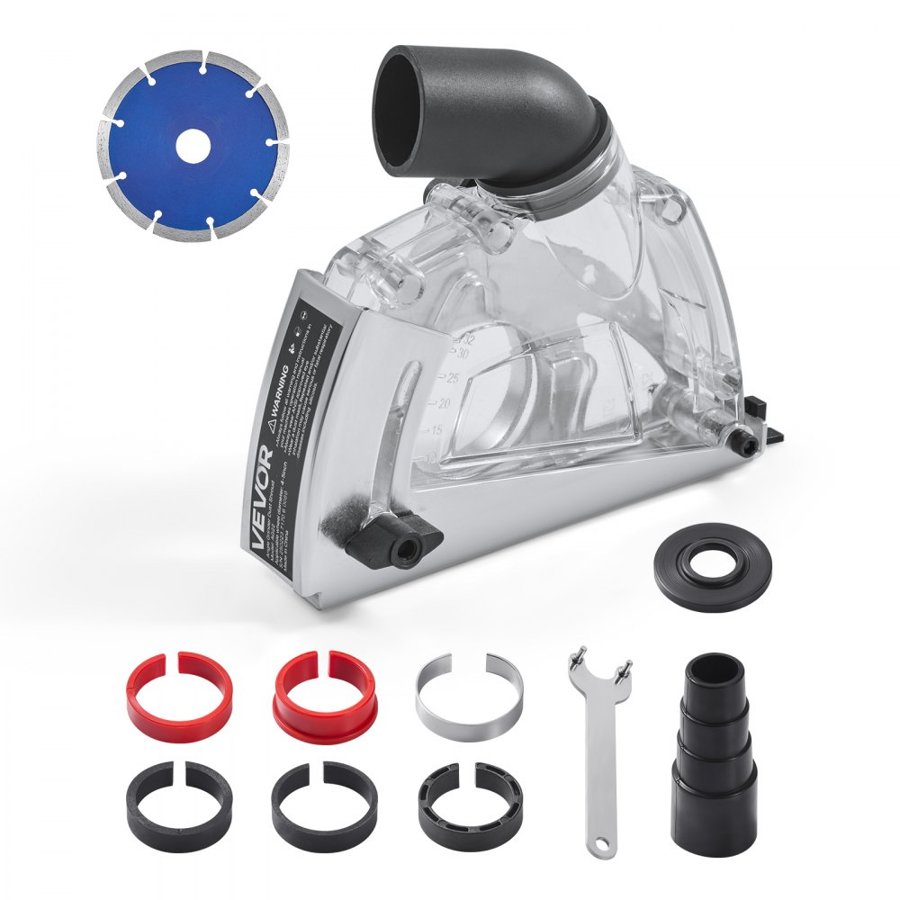 VEVOR Cutting Dust Shroud for Angle Grinders, Universal 4-5 in Angle Grinder Dust Shroud with 6 Clamping Washers & 5 in Diamond Grinding Cup Wheel, Adjustable Cutting Depth, Connect to Vacuum Cleaner