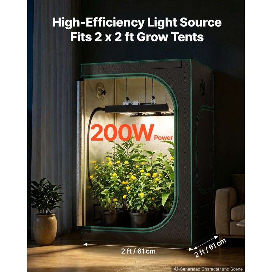 VEVOR LED Grow Light 200W Full Spectrum Dimmable Growing Lamp 400-740 nm, for Indoor Plants in 60 x 60 cm Grow Tent Seed Starting Vegetables Bloom, Aluminum Alloy, Daisy Chain, Adjustable Brightness