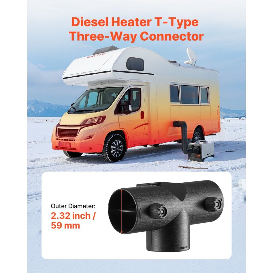 VEVOR Diesel Heater Connector, 59mm Diesel Heater Duct Connector Accessories, T-shape 3 Way Air Vent Connectors with 2 90° Rotatable Valves, Black Joint Connectors for 2KW Diesels Heaters
