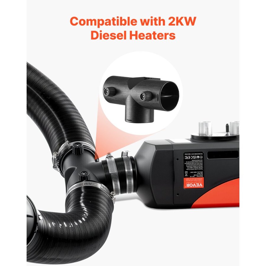 VEVOR Diesel Heater Connector, 59mm Diesel Heater Duct Connector Accessories, T-shape 3 Way Air Vent Connectors with 2 90° Rotatable Valves, Black Joint Connectors for 2KW Diesels Heaters