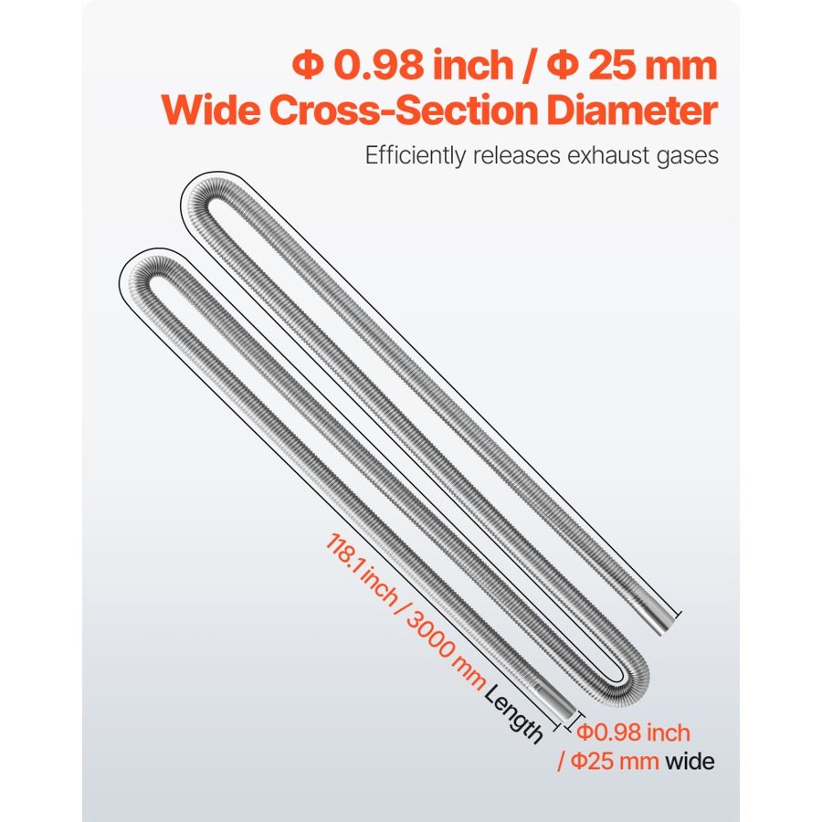 VEVOR Exhaust Hose, 3000mm Stainless Steel Exhausts Hose, Diesel Heater Flexible Exhaust Pipe with 2 Hose Clamps, Exhausts Hoses Kit Diesel Heater Accessories for 2KW 5KW 8KW Diesels Heaters