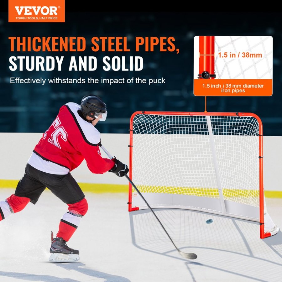 VEVOR Street Hockey Net, Indoor Outdoor Steel Hockey Goal, Official Regulation Pro Hockey Training Goal Set, Portable Hockey Goal with Net, Easy Assemble, 72" x 48", White/Red