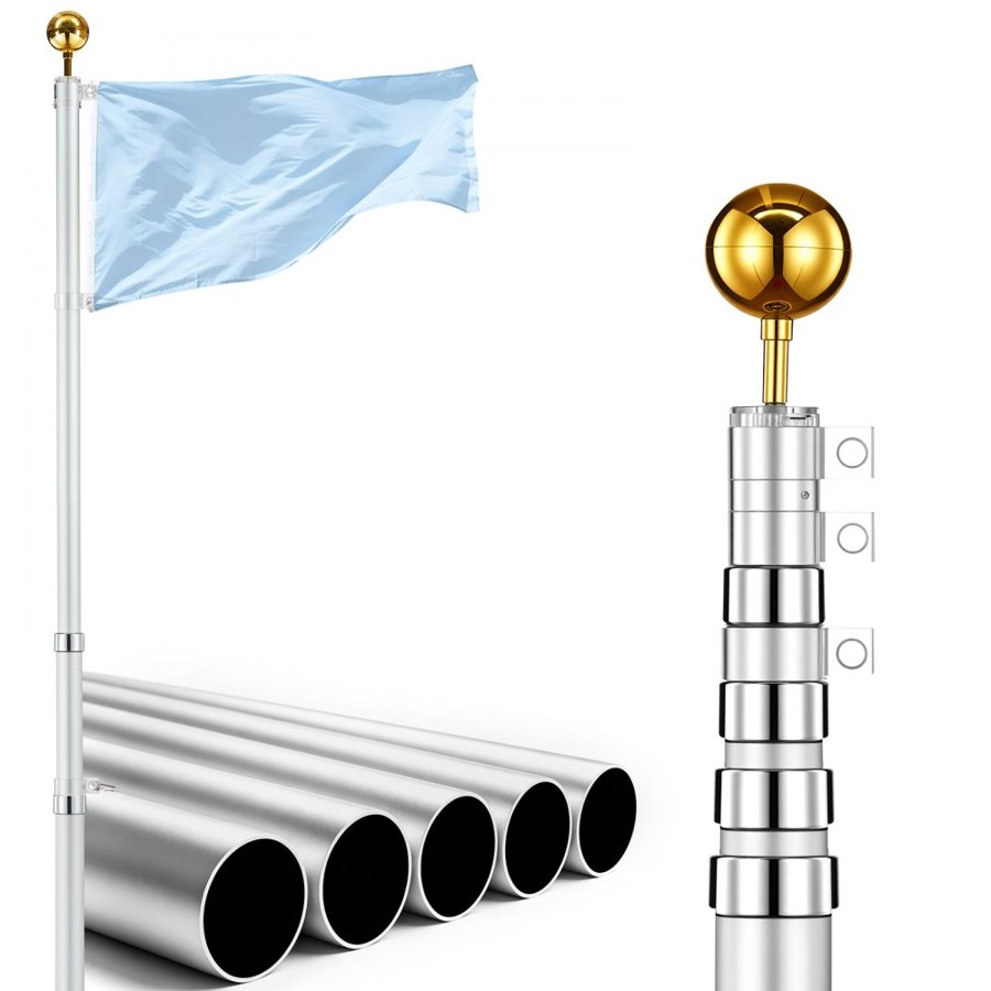 VEVOR Flag Pole, 6.09 m Heavy Duty Telescopic Flagpole Kit for Outside House In Ground, Extra Thick Outdoor Aluminum Flagpole Kit with PVC Ground Sleeve for Yard, Residential or Commercial Use, Silver