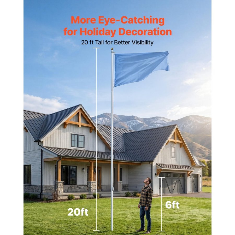 VEVOR Flag Pole, 6.09 m Heavy Duty Sectional Flagpole Kit for Outside House In Ground, Extra Thick Outdoor Aluminum Flagpole Kit with PVC Ground Sleeve for Yard, Residential or Commercial Use, Silver