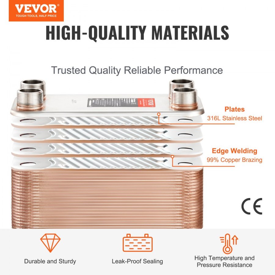 VEVOR Heat Exchanger, 5"x 12" 80 Plates Brazed Plate Heat Exchanger, Copper/316L Stainless Steel Water To Water Heat Exchanger For Floor Heating, Water Heating, Snow Melting, Beer Cooling