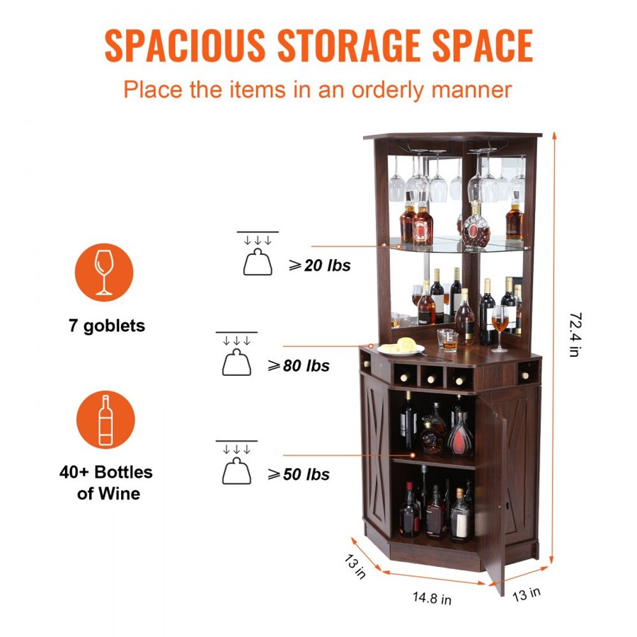 VEVOR Corner Industrial Bar Cabinet, Wine Table for Liquor & Glasses, Sideboard Buffet Cabinet with Glass Holder, Freestanding Farmhouse Wood Coffee Bar Cabinet for Living Room, Home Bar, Black Walnut