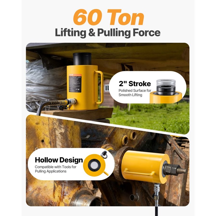 VEVOR 60T 2 Inch Hydraulic Cylinder Jack Hollow Single Acting Hydraulic Ram Cylinder 50 mm Hydraulic Lifting Cylinders for Riggers Fabricators (60T 2 Inch Hollow)