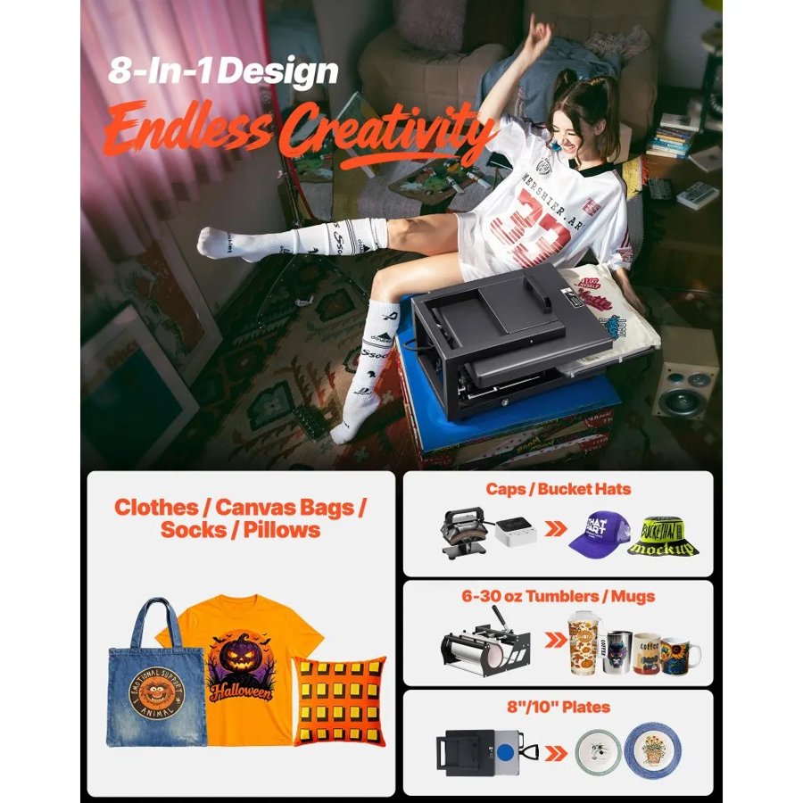 VEVOR Hybrid Heat Press, 380 x 380 mm, 8-in-1 Multifunction, Heat Up Fast and Even, All-New Patented Design, Easy to Control, Sublimation Press Machine for T-shirts/Mugs/Tumblers/Caps/Plates, Black