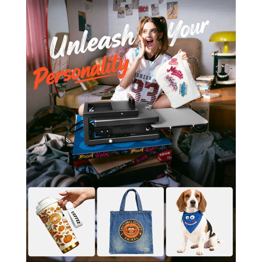 VEVOR Hybrid Heat Press, 380 x 380 mm, 8-in-1 Multifunction, Heat Up Fast and Even, All-New Patented Design, Easy to Control, Sublimation Press Machine for T-shirts/Mugs/Tumblers/Caps/Plates, Black