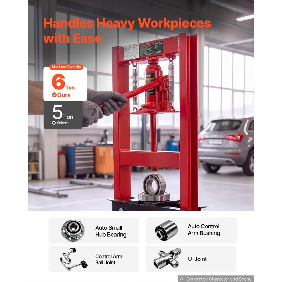 VEVOR 6 Ton Shop Press H-Frame Garage Benchtop Bottle Jack Hydraulic Press, 4-Level Adjustable Height, Movable Stamping Plate, Heavy-Duty Steel for Bending, Straightening, Pressing U-Joints & Bearings