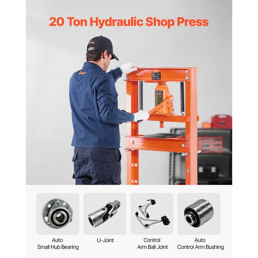 VEVOR Hydraulic Shop Press, 20 T H-Frame Shop Press with Press Plate & Triangular Support, Stable Garage Floor Adjustable Hydraulic Press with Relief Valve, Fit for Bending, Straightening & Stamping
