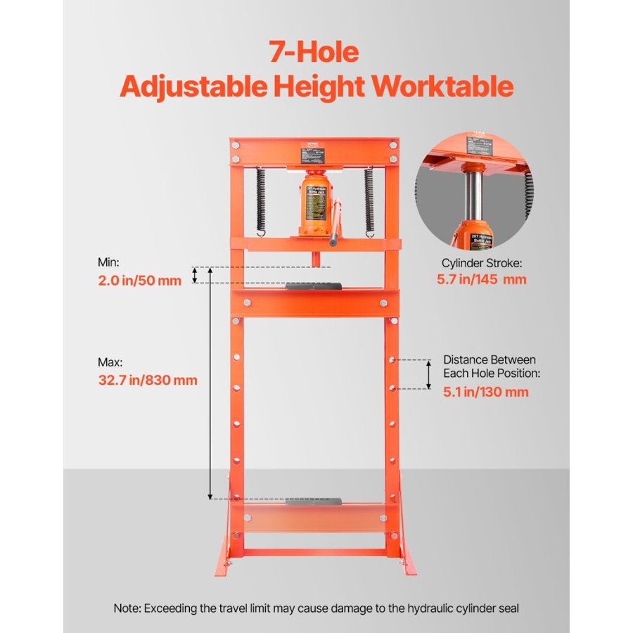 VEVOR Hydraulic Shop Press, 20 T H-Frame Shop Press with Press Plate & Triangular Support, Stable Garage Floor Adjustable Hydraulic Press with Relief Valve, Fit for Bending, Straightening & Stamping