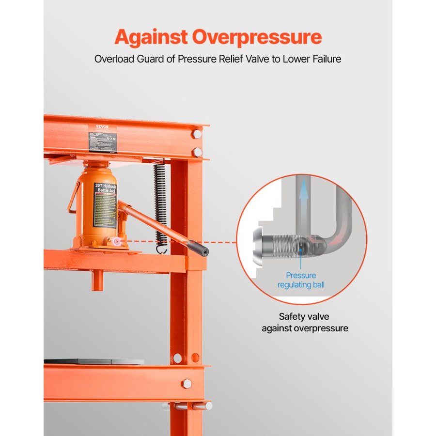 VEVOR Hydraulic Shop Press, 20 T H-Frame Shop Press with Press Plate & Triangular Support, Stable Garage Floor Adjustable Hydraulic Press with Relief Valve, Fit for Bending, Straightening & Stamping
