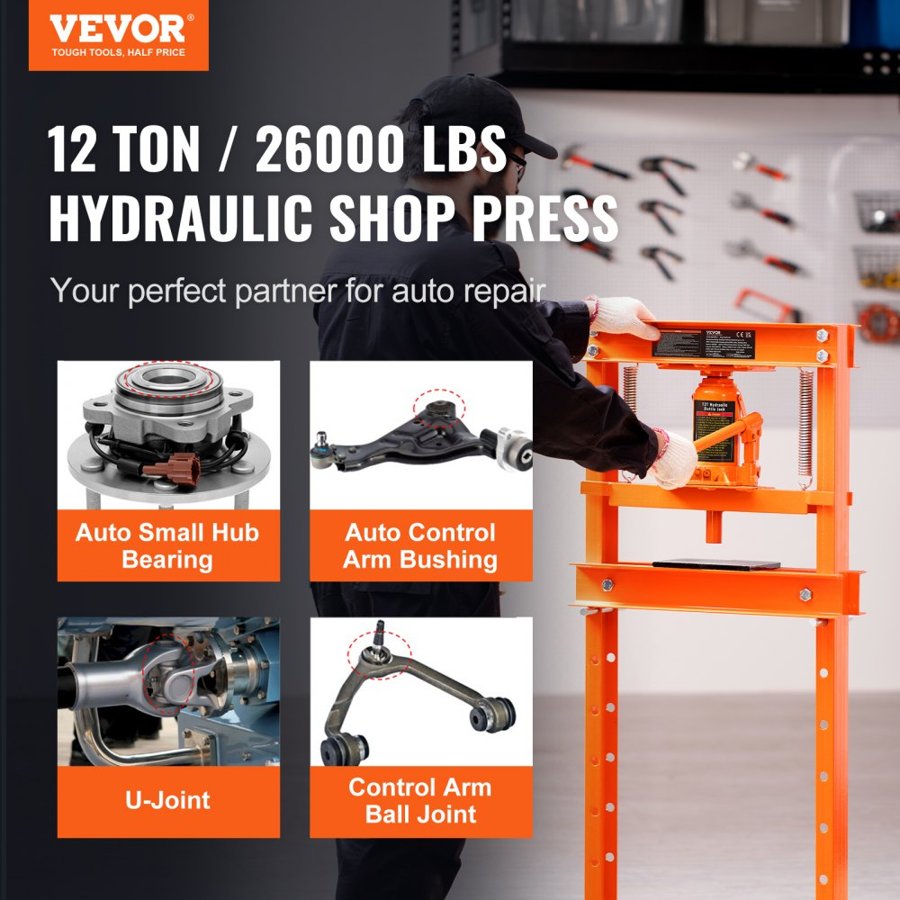 VEVOR Hydraulic, 12 Ton H-Frame Floor, Stamping Plates, Adjustable Working Table Height for Bending or Straightening Metal, Garages, or Homes Shop Press, Orange