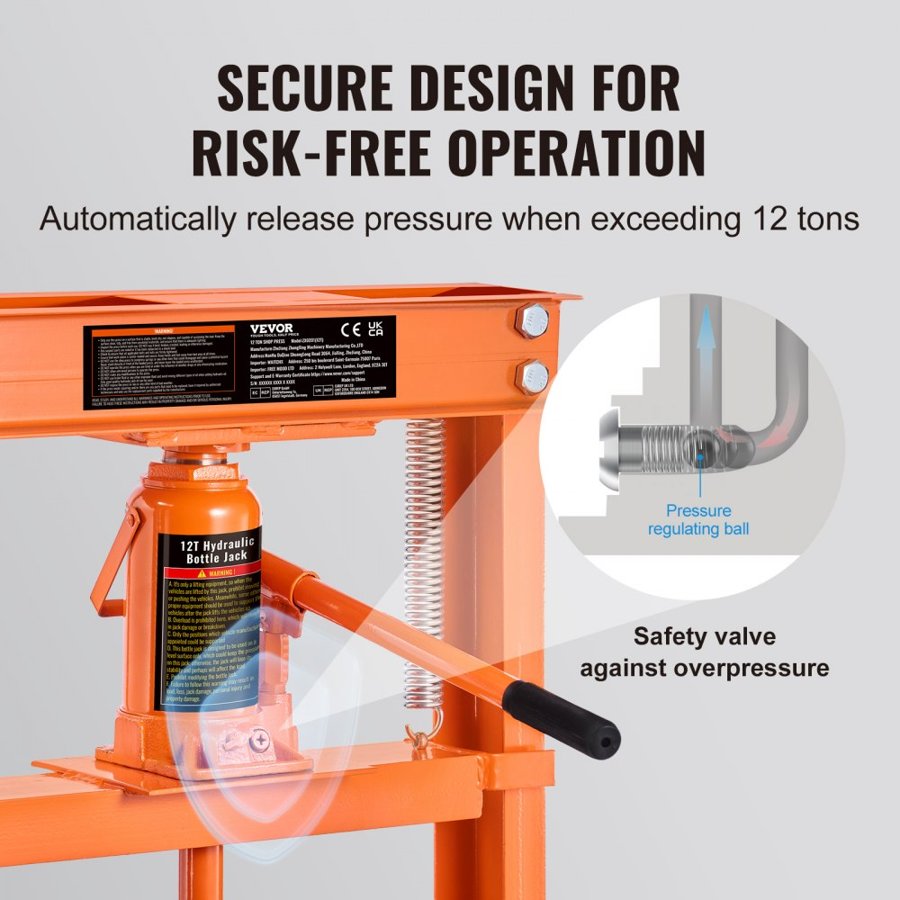 VEVOR Hydraulic, 12 Ton H-Frame Floor, Stamping Plates, Adjustable Working Table Height for Bending or Straightening Metal, Garages, or Homes Shop Press, Orange
