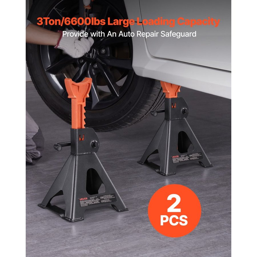 VEVOR Jack Stands, 3 Ton (6,600 lbs) Capacity, 275-415 mm Adjustable Height, Heavy Duty Steel Jack Auto Stands with Locking, for Lifting SUV, Pickup, Car and UTV/ATV, 1 Pair, Black and Orange