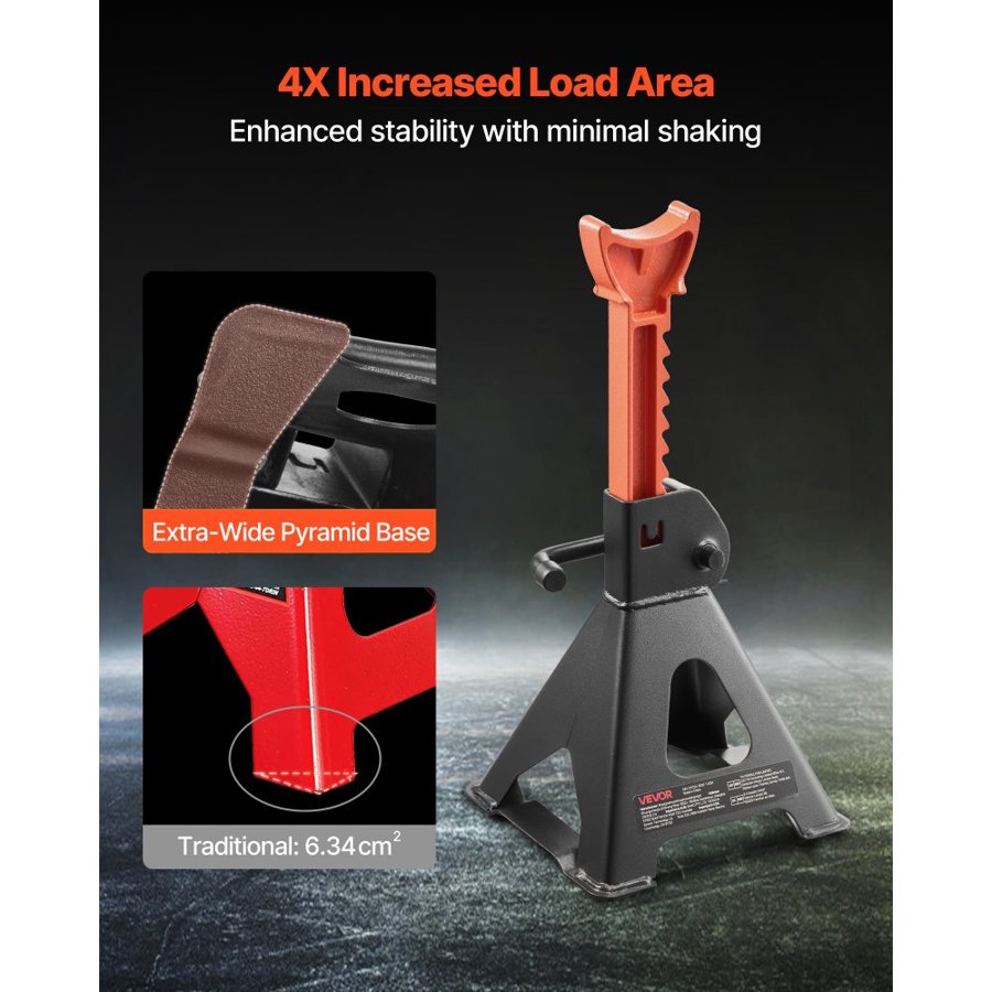 VEVOR Jack Stands, 3 Ton (6,600 lbs) Capacity, 275-415 mm Adjustable Height, Heavy Duty Steel Jack Auto Stands with Locking, for Lifting SUV, Pickup, Car and UTV/ATV, 1 Pair, Black and Orange