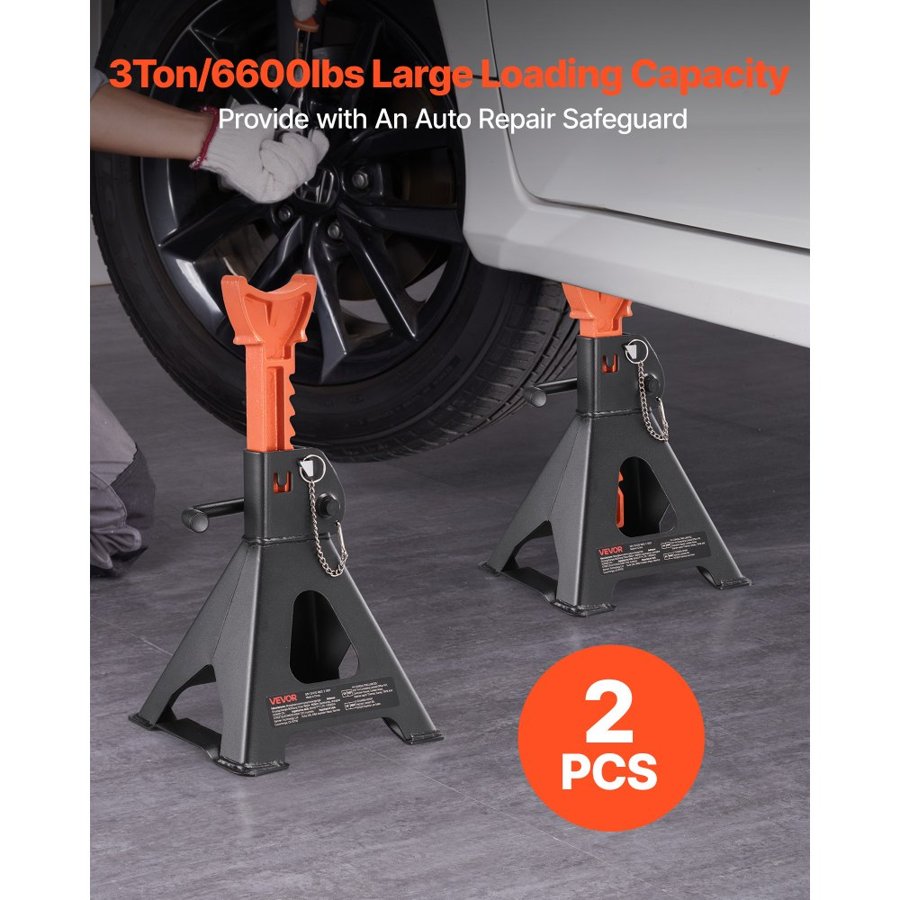 VEVOR Jack Stands, 3 Ton (6,600 lbs) Capacity, 275-415 mm Adjustable Height, Heavy Duty Steel Jack Auto Stands with Double Locking, for Lifting SUV, Pickup, Car, UTV/ATV, 1 Pair, Black and Orange