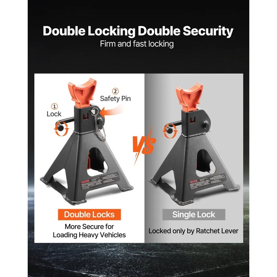 VEVOR Jack Stands, 3 Ton (6,600 lbs) Capacity, 275-415 mm Adjustable Height, Heavy Duty Steel Jack Auto Stands with Double Locking, for Lifting SUV, Pickup, Car, UTV/ATV, 1 Pair, Black and Orange