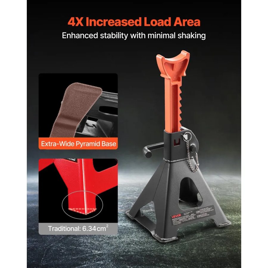 VEVOR Jack Stands, 3 Ton (6,600 lbs) Capacity, 275-415 mm Adjustable Height, Heavy Duty Steel Jack Auto Stands with Double Locking, for Lifting SUV, Pickup, Car, UTV/ATV, 1 Pair, Black and Orange