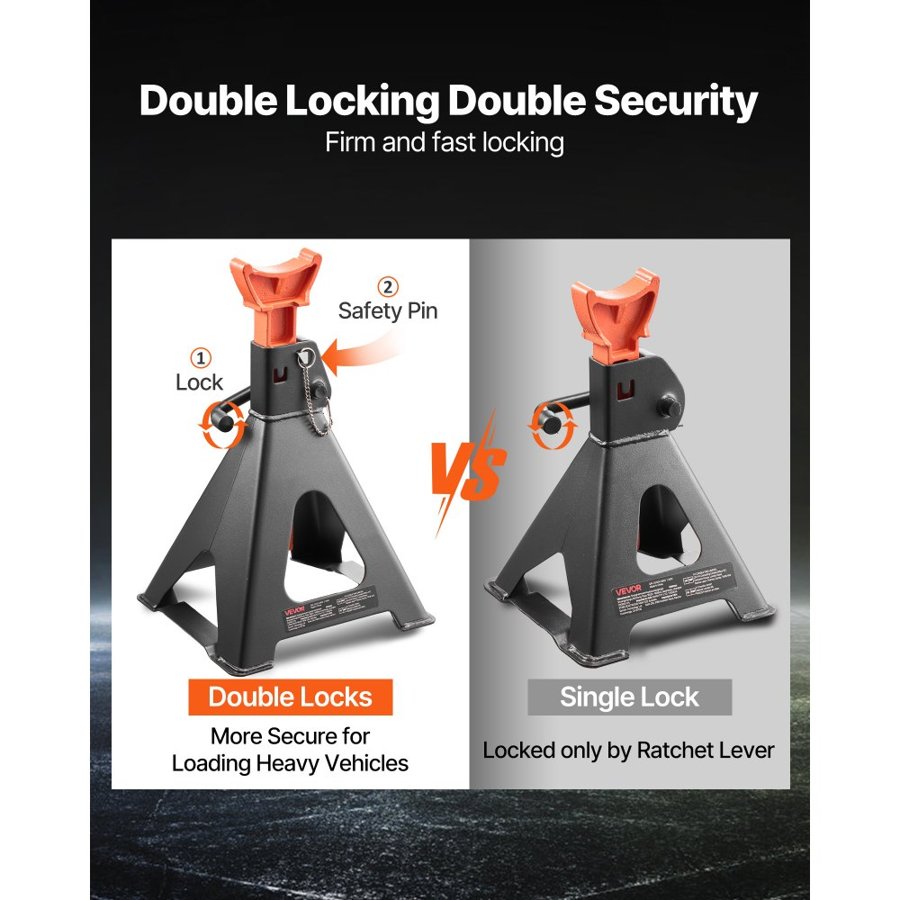 VEVOR Jack Stands, 6 Ton (13,000 lbs) Capacity, 370-580 mm Adjustable Height, Heavy Duty Steel Jack Auto Stands with Double Locking, for Lifting RV, Small Truck, Car, SUV, 1 Pair, Black and Orange