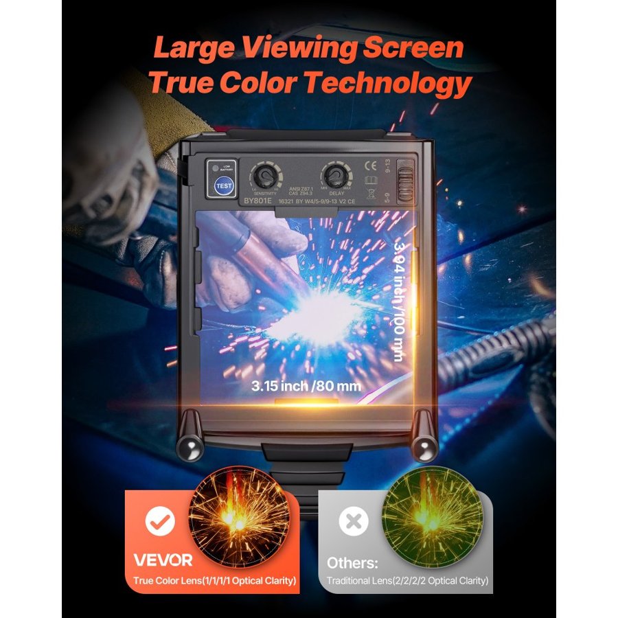VEVOR Welding Helmet Auto Darkening, 100 x 80 mm True Color Welding Hood, Solar-Powered Welder Mask 4 Arc Sensors, Wide Shade 4/5-9/9-13 for TIG MIG Weld Cutting Grinding Application - METIS Series