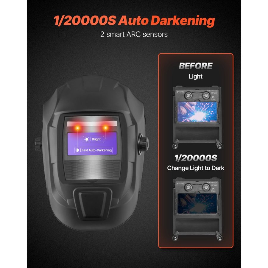 VEVOR Welding Helmet Auto Darkening, 93 x 43 mm True Color Welding Hood, Solar Powered Welder Mask 2 Arc Sensors, Shade 4/9-13 for TIG MIG ARC Weld Grinding - CRIUS Series (Matte Black)