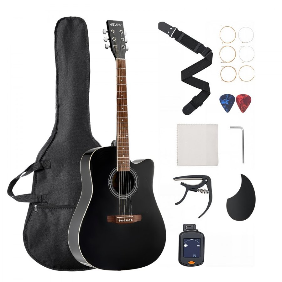 VEVOR 1041 mm (41 in) Cutway Acoustic Guitar Beginner Bundle with Gig Bag for Adult Black