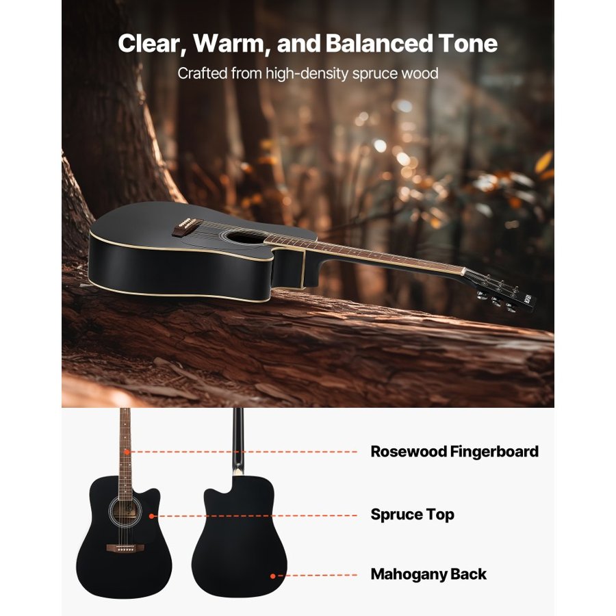 VEVOR 1041 mm (41 in) Cutway Acoustic Guitar Beginner Bundle with Gig Bag for Adult Black