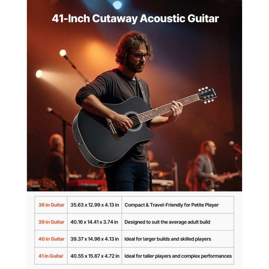 VEVOR 1041 mm (41 in) Cutway Acoustic Guitar Beginner Bundle with Gig Bag for Adult Black