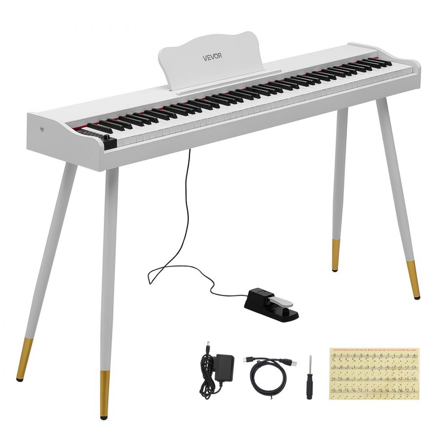 VEVOR Digital Piano 88 Keys Semi Weighted Full Size Keyboard Stand White, for Beginners, 600 Tones, 600 Rhythms, Electric Piano, with Sustain Pedal, Speaker, Headphone Jack, USB/MIDI, Power Adapter