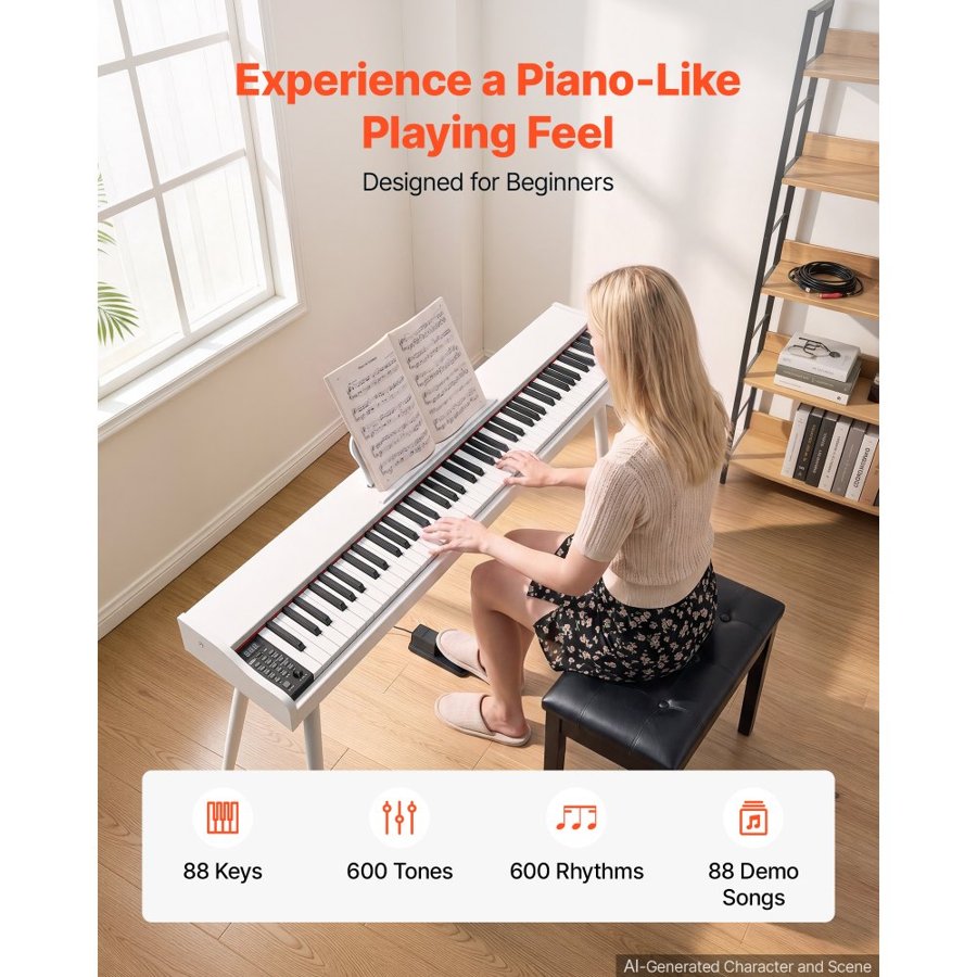 VEVOR Digital Piano 88 Keys Semi Weighted Full Size Keyboard Stand White, for Beginners, 600 Tones, 600 Rhythms, Electric Piano, with Sustain Pedal, Speaker, Headphone Jack, USB/MIDI, Power Adapter