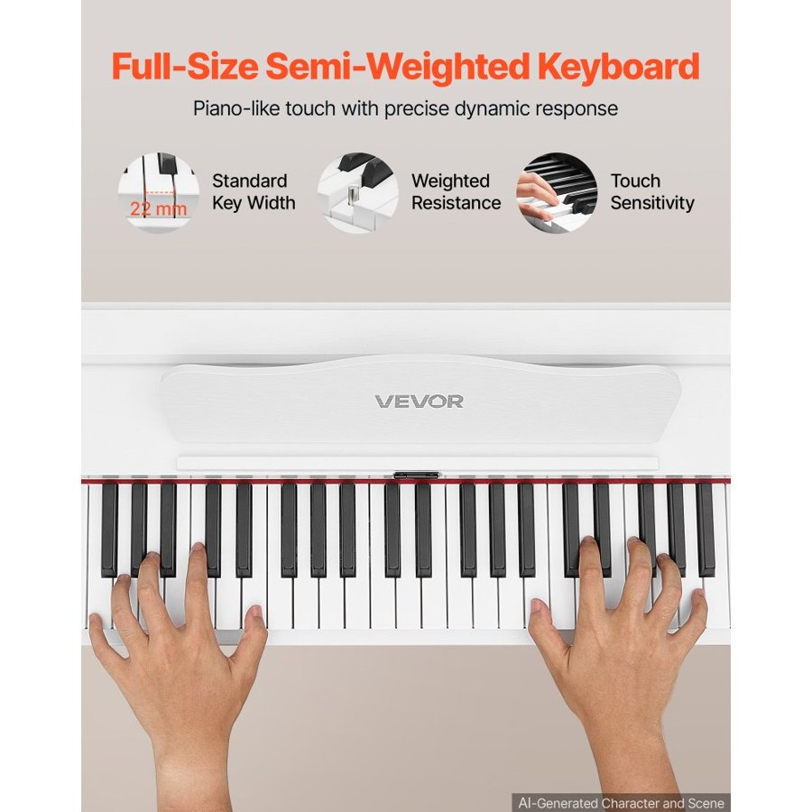 VEVOR Digital Piano 88 Keys Semi Weighted Full Size Keyboard Stand White, for Beginners, 600 Tones, 600 Rhythms, Electric Piano, with Sustain Pedal, Speaker, Headphone Jack, USB/MIDI, Power Adapter