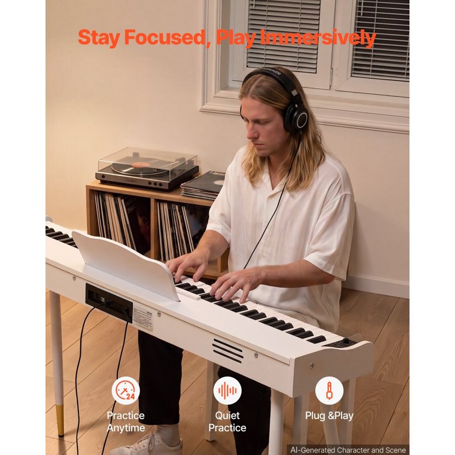 VEVOR Digital Piano 88 Keys Semi Weighted Full Size Keyboard Stand White, for Beginners, 600 Tones, 600 Rhythms, Electric Piano, with Sustain Pedal, Speaker, Headphone Jack, USB/MIDI, Power Adapter