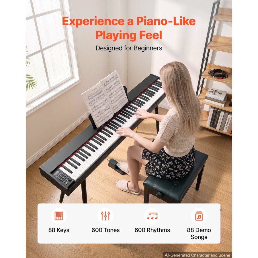 VEVOR Digital Piano 88 Keys Semi Weighted Full Size Keyboard Stand Black, for Beginners, 600 Tones, 600 Rhythms, Electric Piano, with Sustain Pedal, Speaker, Headphone Jack, USB/MIDI, Power Adapter