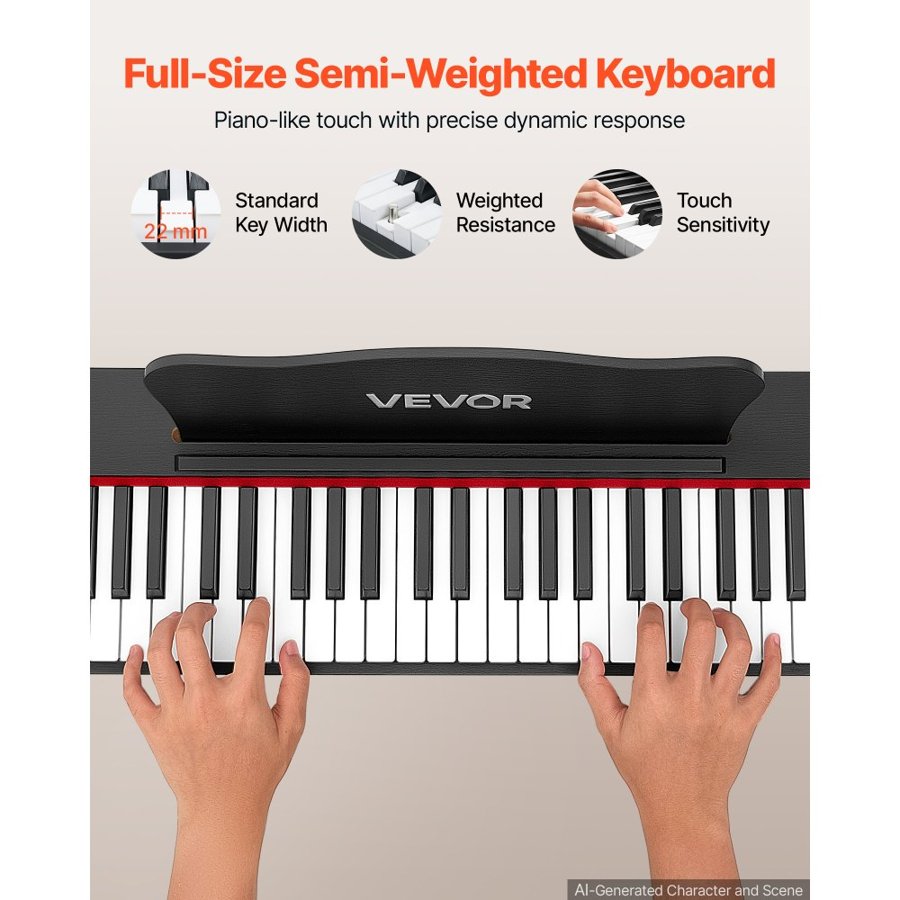 VEVOR Digital Piano 88 Keys Semi Weighted Full Size Keyboard Stand Black, for Beginners, 600 Tones, 600 Rhythms, Electric Piano, with Sustain Pedal, Speaker, Headphone Jack, USB/MIDI, Power Adapter