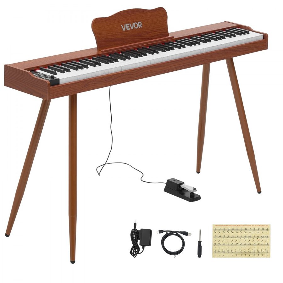 VEVOR Digital Piano 88 Keys Semi Weighted Full Size Keyboard Stand Brown, for Beginners, 600 Tones, 600 Rhythms, Electric Piano, with Sustain Pedal, Speaker, Headphone Jack, USB/MIDI, Power Adapter