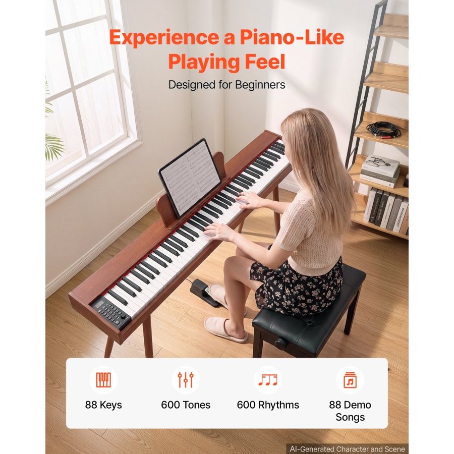 VEVOR Digital Piano 88 Keys Semi Weighted Full Size Keyboard Stand Brown, for Beginners, 600 Tones, 600 Rhythms, Electric Piano, with Sustain Pedal, Speaker, Headphone Jack, USB/MIDI, Power Adapter