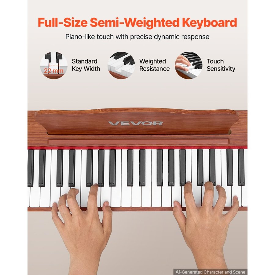 VEVOR Digital Piano 88 Keys Semi Weighted Full Size Keyboard Stand Brown, for Beginners, 600 Tones, 600 Rhythms, Electric Piano, with Sustain Pedal, Speaker, Headphone Jack, USB/MIDI, Power Adapter