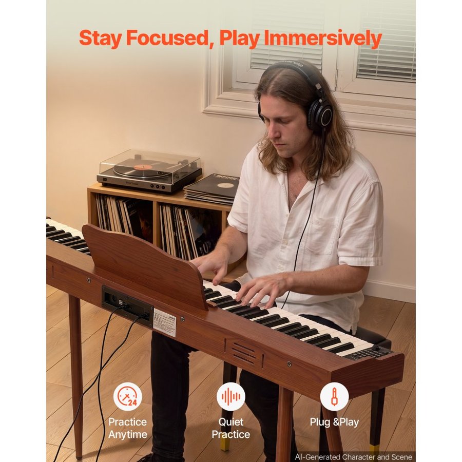 VEVOR Digital Piano 88 Keys Semi Weighted Full Size Keyboard Stand Brown, for Beginners, 600 Tones, 600 Rhythms, Electric Piano, with Sustain Pedal, Speaker, Headphone Jack, USB/MIDI, Power Adapter