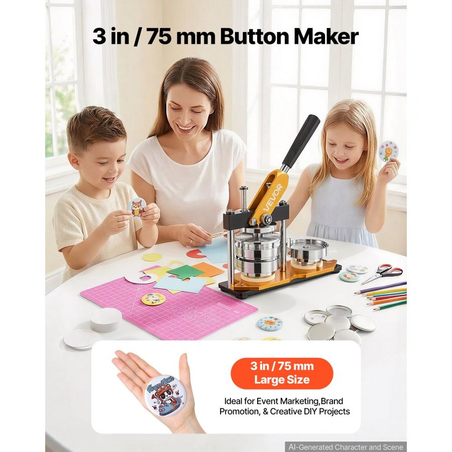 VEVOR Button Maker Machine, 75 mm (3 inch) Badge Punch Press Kit, Children DIY Gifts Pin Maker, Button Making Supplies with 100pcs Button Parts & Circle Cutter & Magic Book